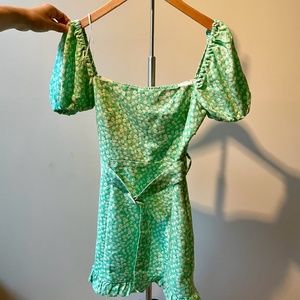 ZARA Green Floral Puff Sleeve Mini Dress With Belt / Size XS